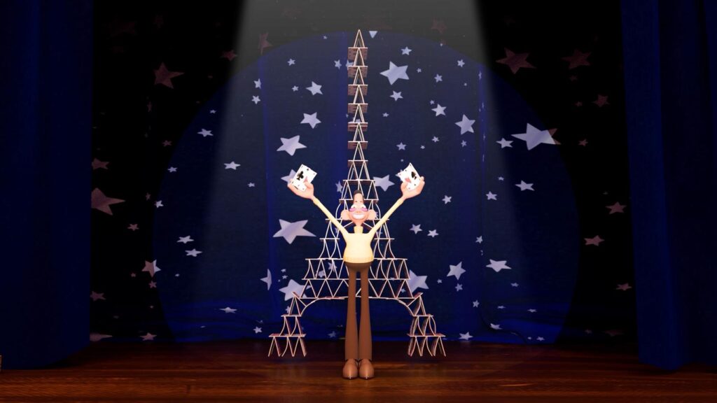 Magicien souriant présentant une pyramide de cartes géante sous les projecteurs d’une scène, extrait d’un court métrage d’animation étudiant.