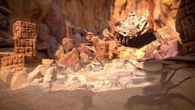 Explorateur traversant un canyon parsemé de ruines monumentales et de sculptures anciennes, décor 3D inspiré des mythologies mésoaméricaines créé par des étudiants d’e-artsup.