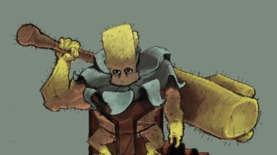 Concept art d'un personnage portant un lourd équipement