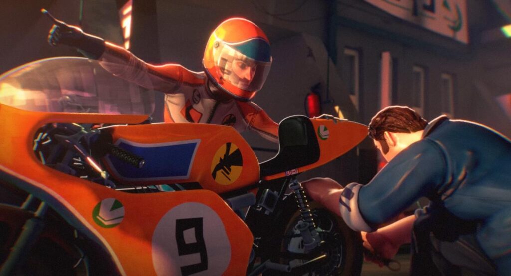 Pilote casqué désignant une direction tandis qu’un mécanicien prépare une moto de course, scène d’animation 3D inspirée de l’univers du sport mécanique.