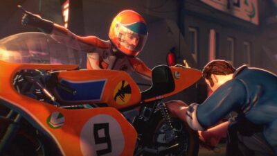 Pilote casqué désignant une direction tandis qu’un mécanicien prépare une moto de course, scène d’animation 3D inspirée de l’univers du sport mécanique.