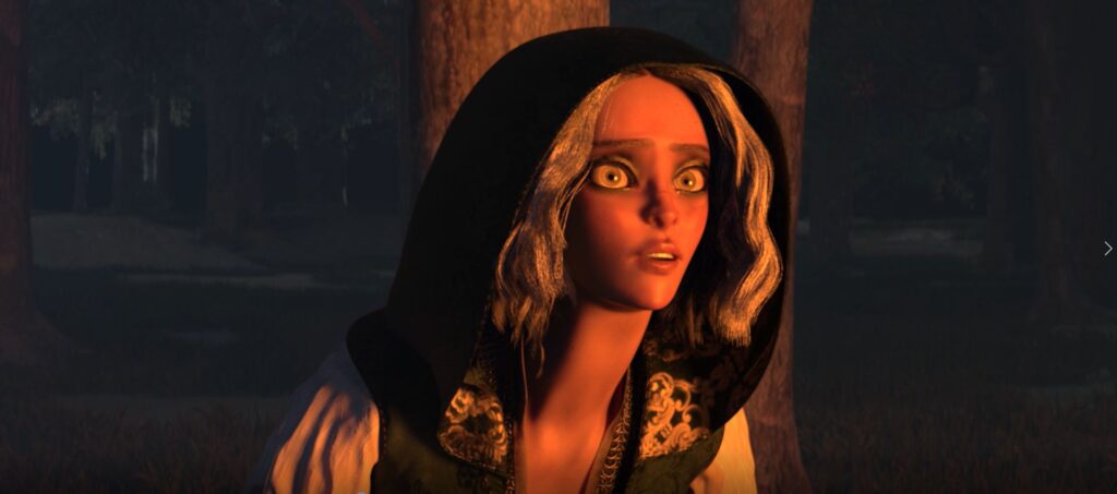Personnage féminin encapuchonné aux cheveux bicolores dans une forêt sombre, scène de film d’animation 3D inspirée des contes fantastiques réalisée par des étudiants d’e-artsup.
