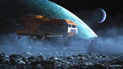 Vaisseau spatial posé sur une surface rocheuse face à une planète géante, environnement 3D de science-fiction conçu par des étudiants en animation à e-artsup.