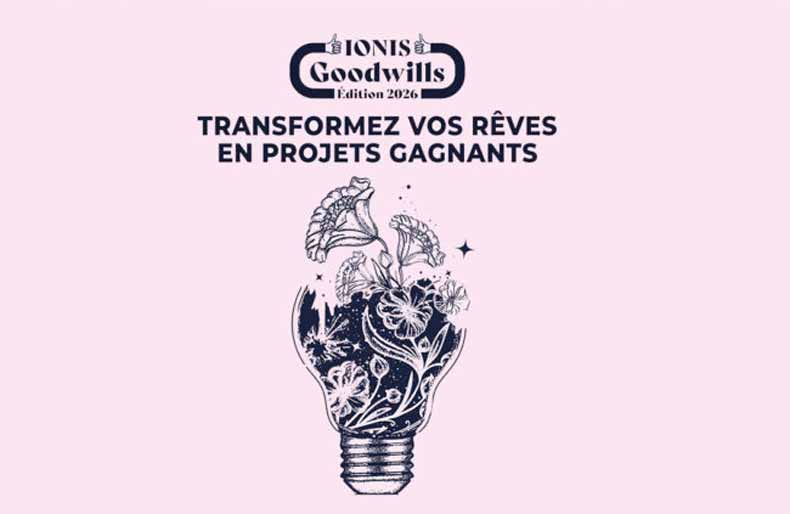 Affiche rose “Transformez vos rêves en projets gagnants” avec ampoule illustrée, IONIS Goodwills 2026
