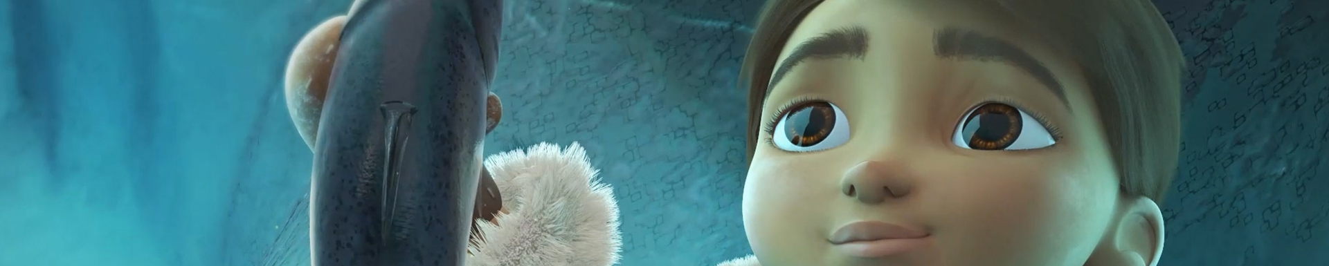 Personnage 3D de jeune fille inuit dessinant sur une surface de glace dans un environnement polaire lumineux, extrait d’un court métrage d’animation réalisé par des étudiants d’e-artsup.