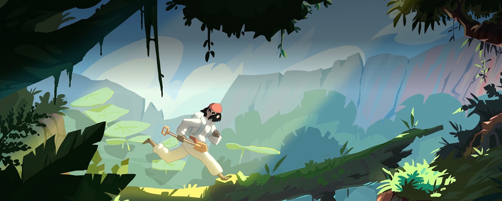 Illustration d’un aventurier explorant une jungle luxuriante, représentant l’aventure, l’exploration et la création d’univers pour le jeu vidéo.