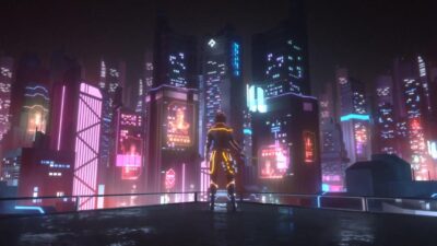 Personnage observant une mégalopole cyberpunk illuminée de néons roses et bleus, environnement 3D futuriste conçu dans le cadre d’un projet étudiant.