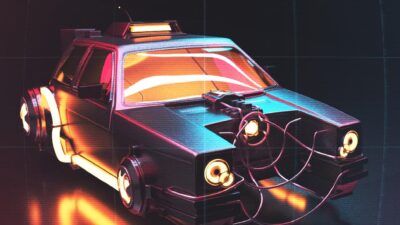 Voiture futuriste dans une rue de nuit