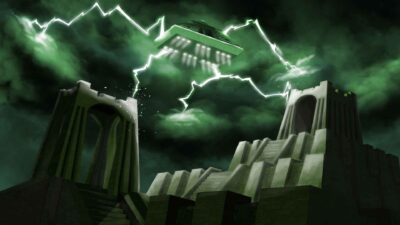 Temple monumental futuriste frappé par des éclairs verts et un vaisseau volant, illustration science-fiction sombre