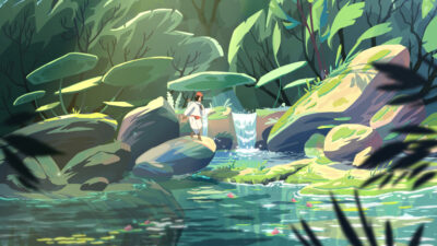 Personnage explorant une rivière et une cascade au cœur d’une forêt tropicale dans un décor d’animation coloré et lumineux.