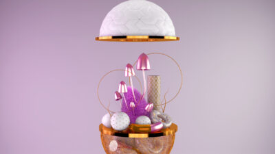 Composition 3D abstraite en motion design avec formes organiques roses, dorées et textures futuristes minimalistes.