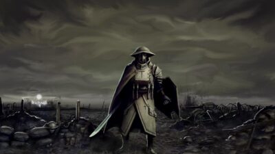 Chevalier masqué dans un paysage de guerre dévasté, concept art dark fantasy aux tons gris et bruns