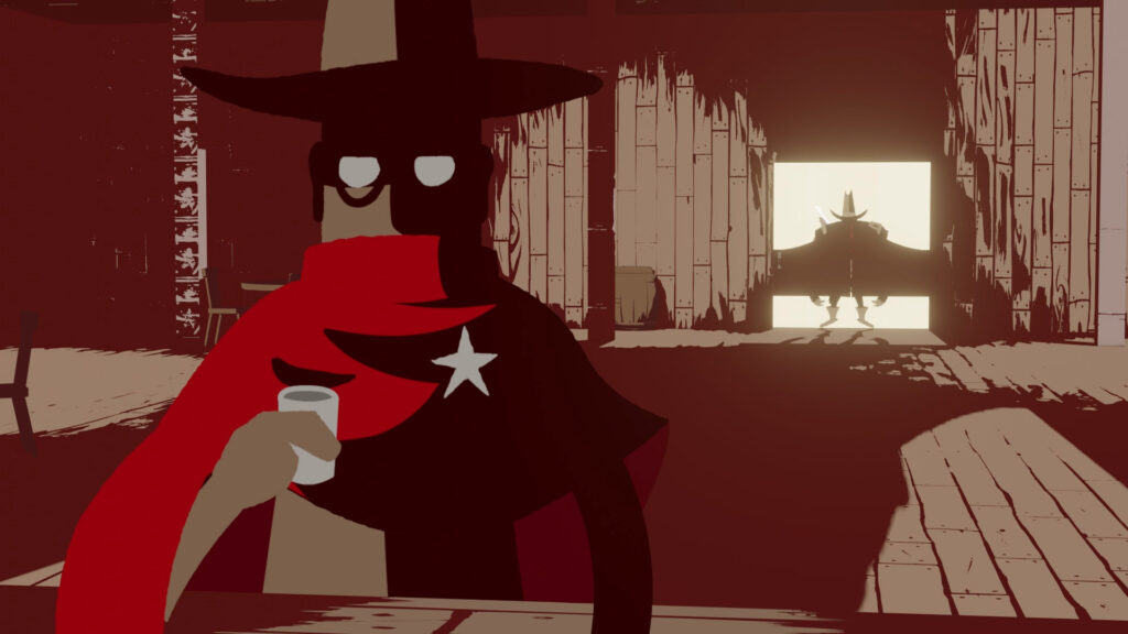 Personnage de western en cape rouge assis dans un saloon sombre, dans une scène de film d’animation graphique inspirée du Far West.