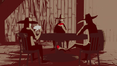 Trois personnages de western jouant aux cartes autour d’une table dans un décor animé aux tons rouges et bruns.