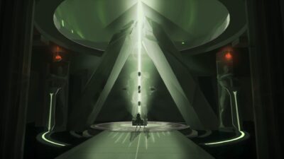 Salle sacrée futuriste avec pyramide lumineuse et rayon d’énergie vert, environnement science-fiction mystique
