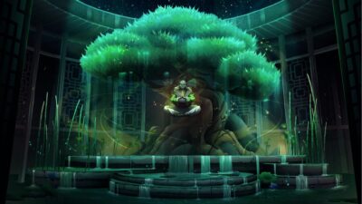 Forêt fantastique avec arbre lumineux