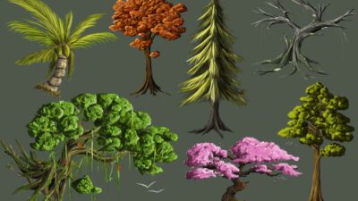 Planche de recherches graphiques de différents arbres stylisés, concept art végétation fantasy et jeu vidéo