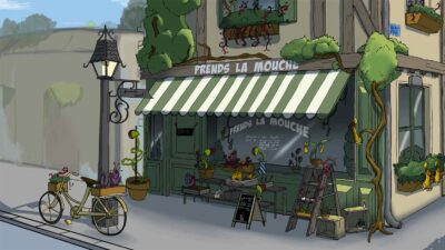 Façade de boutique fleuriste parisienne illustrée avec plantes fantastiques et vélo vintage, décor cartoon chaleureux