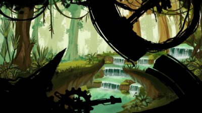 Forêt tropicale luxuriante avec cascades vue depuis une grotte sombre, illustration d’environnement fantasy