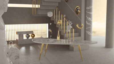 Scène minimaliste futuriste en motion design avec table en suspension, sculpture classique et éléments géométriques flottants.