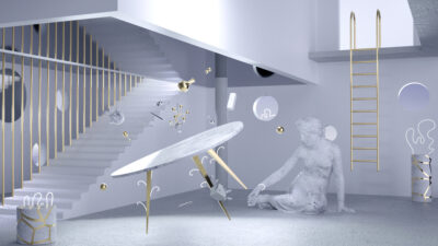 Décor architectural surréaliste en 3D avec mobilier flottant et statues dans une création de motion design contemporain.