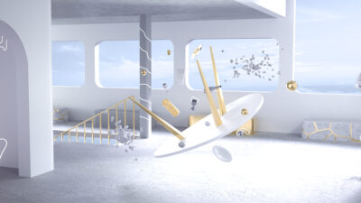 Espace blanc et lumineux en motion design 3D avec formes abstraites et statue texturée dans une ambiance onirique.