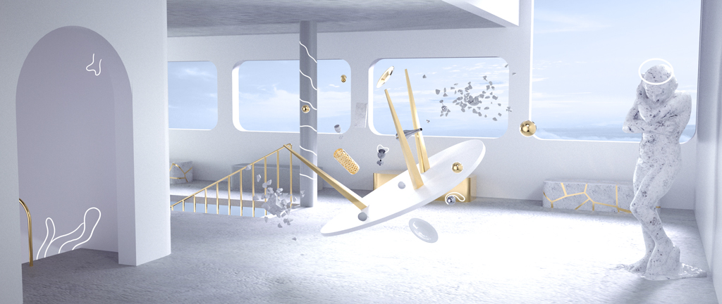 Composition en motion design représentant un espace futuriste minimaliste avec sculptures, formes flottantes et éléments géométriques en suspension.