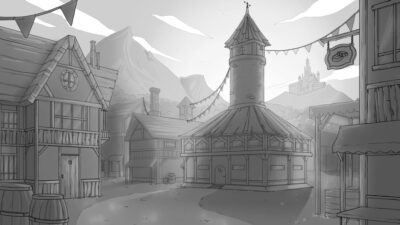 Concept art architectural d'un village médiéval