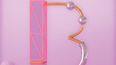 Lettre “B” stylisée en néon rose et or réalisée en motion design et animation graphique 3