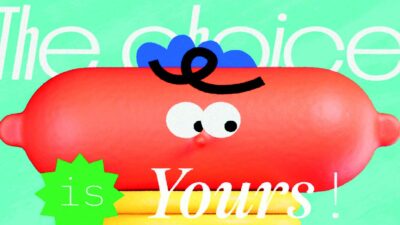 Illustration animée pop et colorée avec personnage cartoon et typographie créative en motion design publicitaire.