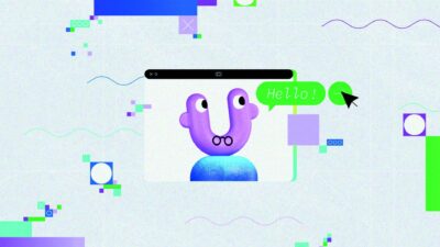 Interface animée minimaliste avec personnage 3D violet et bulle de dialogue dans un projet de motion design UX/UI.