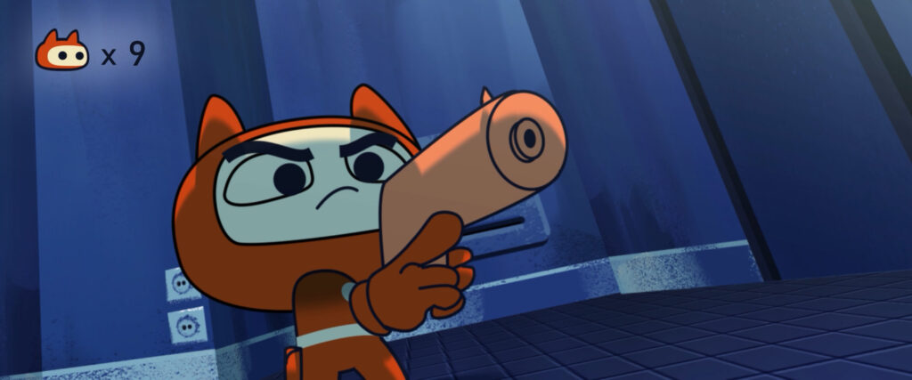 Petit chat astronaute tenant une arme futuriste dans un décor de science-fiction inspiré du jeu vidéo et de l’animation 2D.