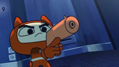 Petit chat astronaute tenant une arme futuriste dans un décor de science-fiction inspiré du jeu vidéo et de l’animation 2D.