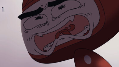 Gros plan d’un personnage de dessin animé en colère avec une expression exagérée dans un style cartoon dynamique.