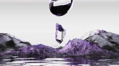Paysage 3D abstrait violet avec cristal flottant et reliefs texturés dans une animation motion design futuriste.