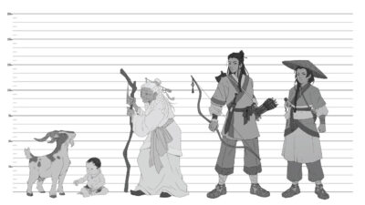 Turnaround de personnage en noir et blanc