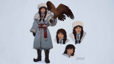 Character design d'une exploratrice en tenue hivernale
