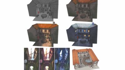Processus de création d’un concept art fantastique en environnement naturel Storyboard en niveaux de gris, rendu atmosphérique et version finale colorisée d’une île arborée dans une grotte lumineuse, illustrant les étapes de production en concept art digital.