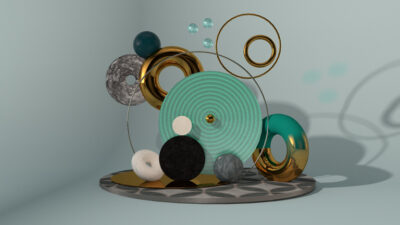 Composition géométrique élégante en 3D avec cercles et textures métalliques dans un projet de motion design artistique.