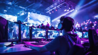 Joueur esport participant à une compétition gaming dans une grande arena avec écrans géants et public.