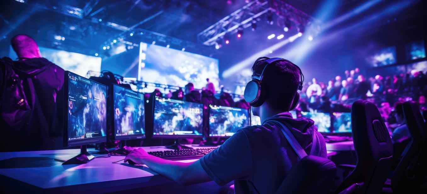 Joueur esport participant à une compétition gaming dans une grande arena avec écrans géants et public.