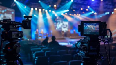 Caméras professionnelles filmant un événement esport dans une salle de spectacle éclairée aux néons.