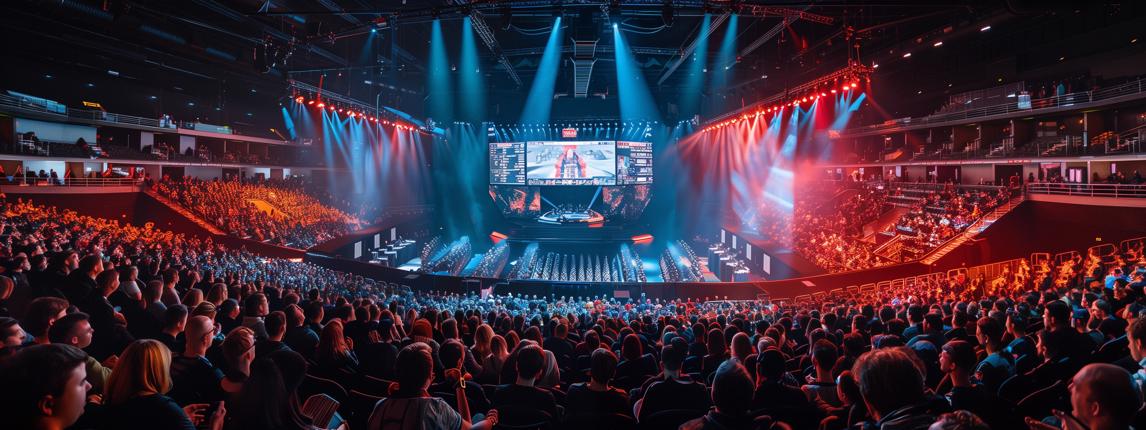 Grande arena accueillant un tournoi esport international avec public, scène centrale et écrans géants.