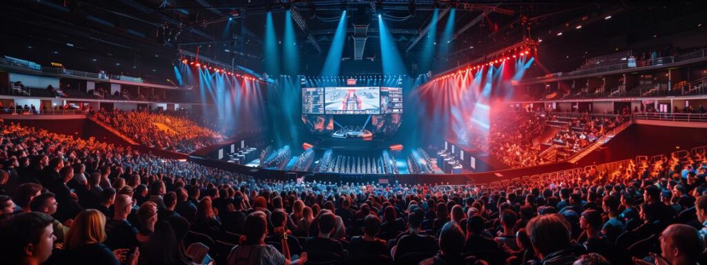 Grande arena accueillant un tournoi esport international avec public, scène centrale et écrans géants.