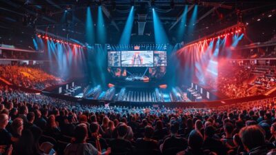 Grande arena accueillant un tournoi esport international avec public, scène centrale et écrans géants.
