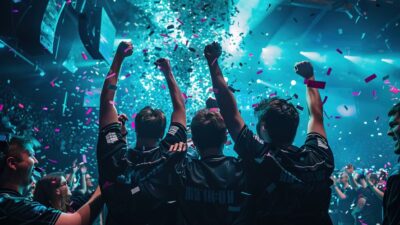Équipe esport célébrant sa victoire devant le public lors d’une finale de compétition gaming.