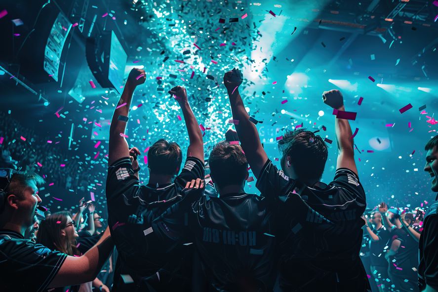 Équipe esport célébrant sa victoire devant le public lors d’une finale de compétition gaming.
