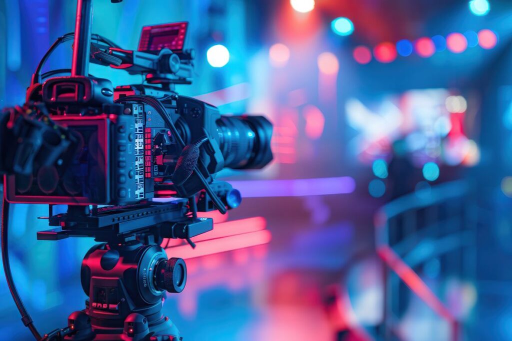 Caméra de production audiovisuelle captant un événement gaming et esport avec éclairages LED colorés.