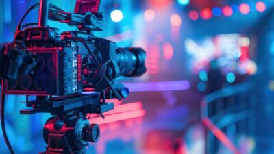 Caméra de production audiovisuelle captant un événement gaming et esport avec éclairages LED colorés.