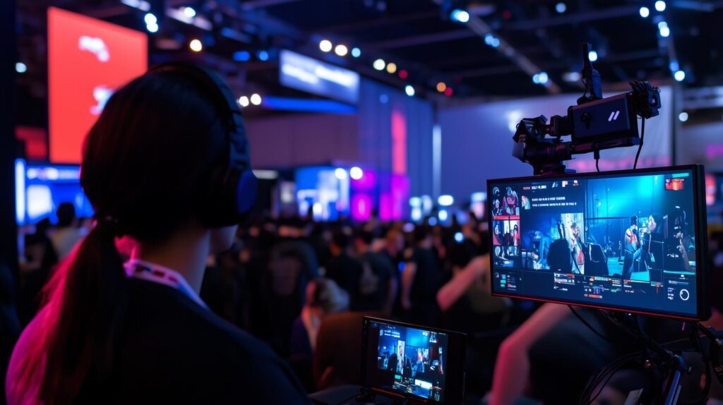 Réalisatrice vidéo filmant une compétition esport en direct avec matériel de streaming professionnel.